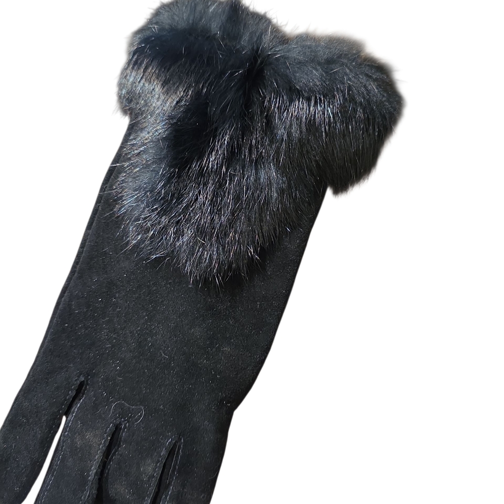 EElegant Black Rabbit Fur-Trimmed Leather Gloves